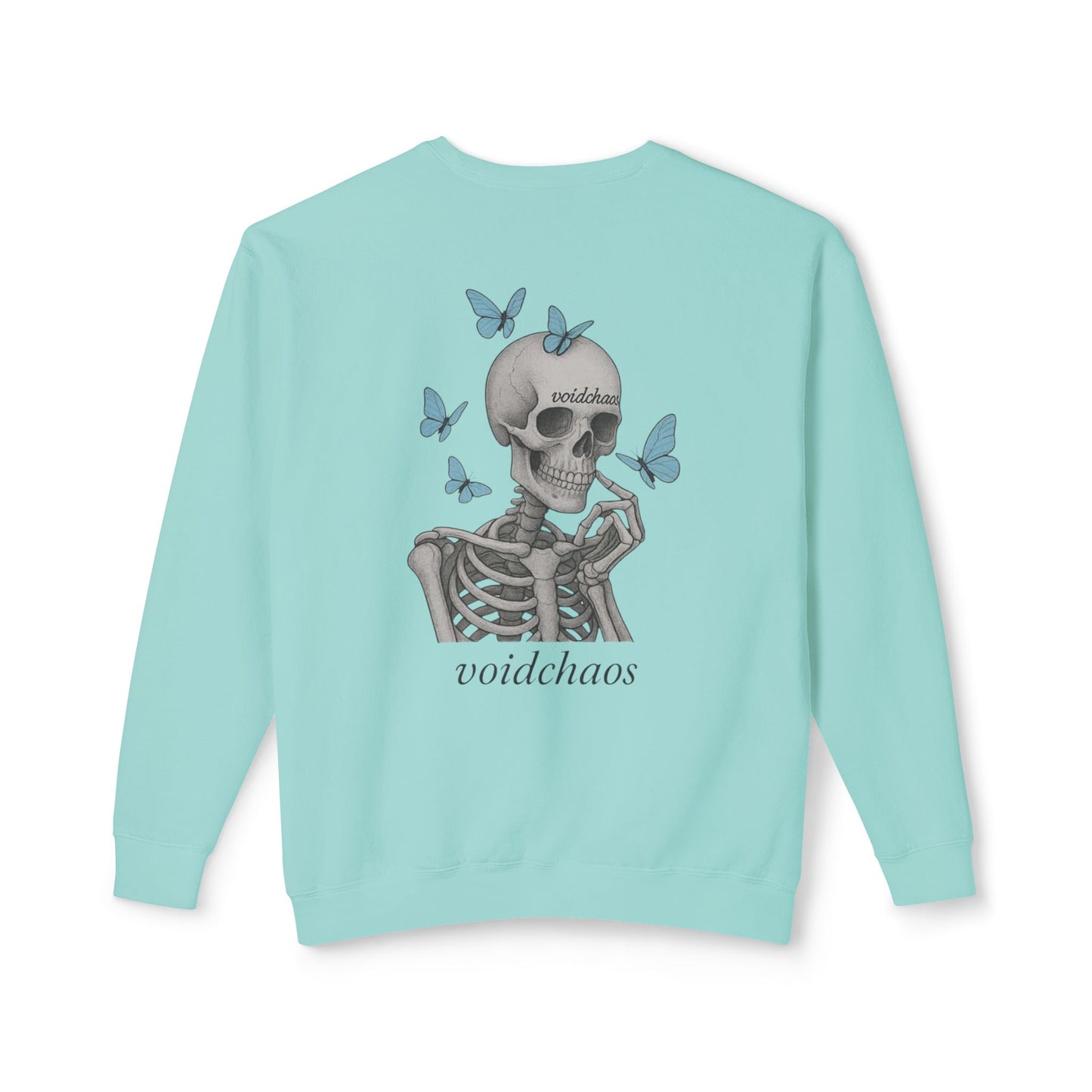 Unisex Crewneck Sweatshirt with Skeleton and Butterflies Design, Casual Wear, Gift for Friends, Halloween, Fall Fashion, Cozy Outfit