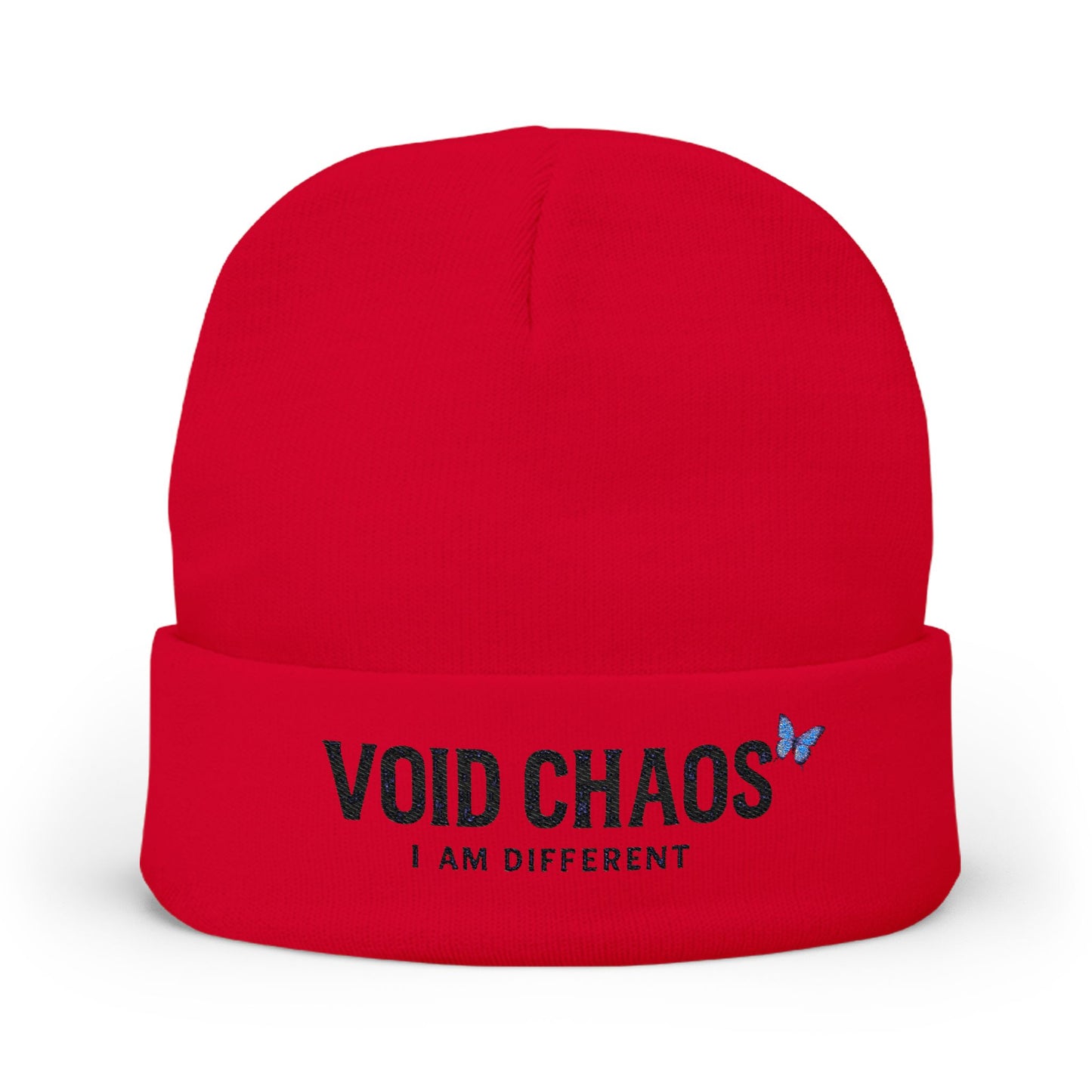 Embroidered Knit Beanie with 'Void Chaos' Text, Unique Winter Accessory, Gift for Creative Souls, Stylish Warm Headwear, Unisex Cap