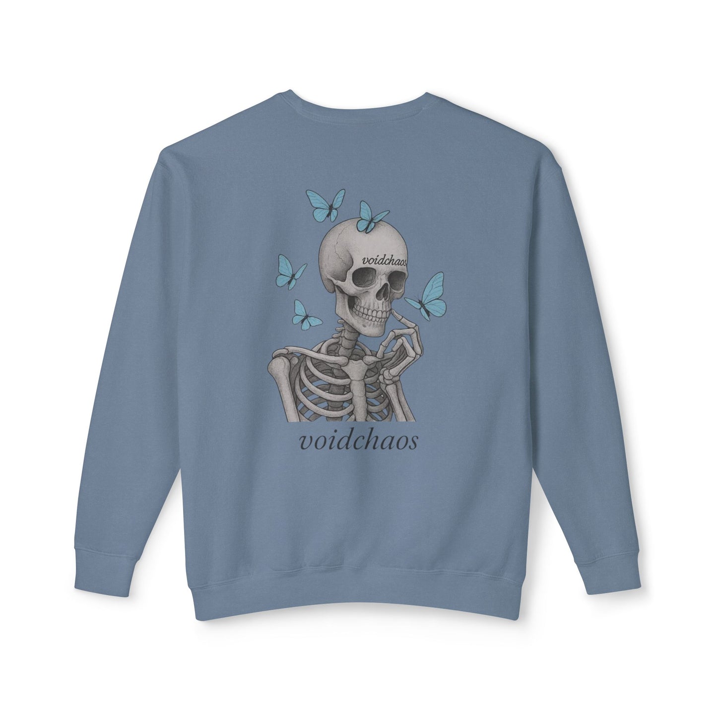 Unisex Crewneck Sweatshirt with Skeleton and Butterflies Design, Casual Wear, Gift for Friends, Halloween, Fall Fashion, Cozy Outfit