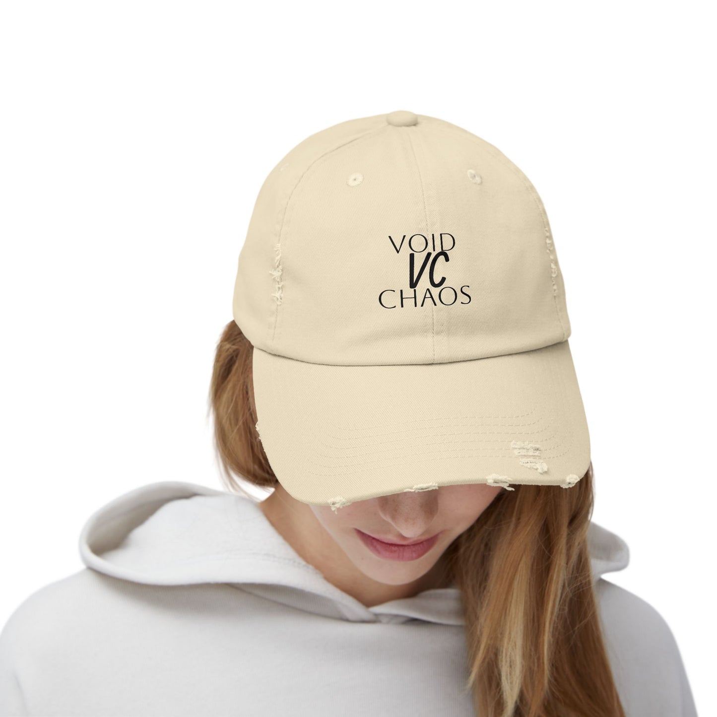 Stylish Distressed Cap with 'VOID VC CHAOS' Design, Hipster Gift, Casual Streetwear, Adjustable Hat for All Occasions, Summer Accessory
