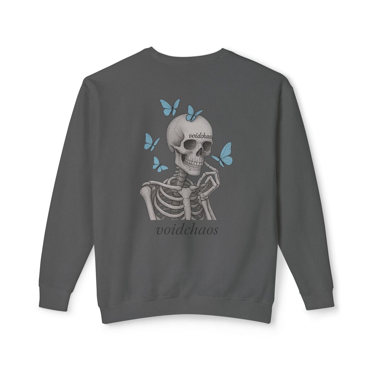 Unisex Crewneck Sweatshirt with Skeleton and Butterflies Design, Casual Wear, Gift for Friends, Halloween, Fall Fashion, Cozy Outfit