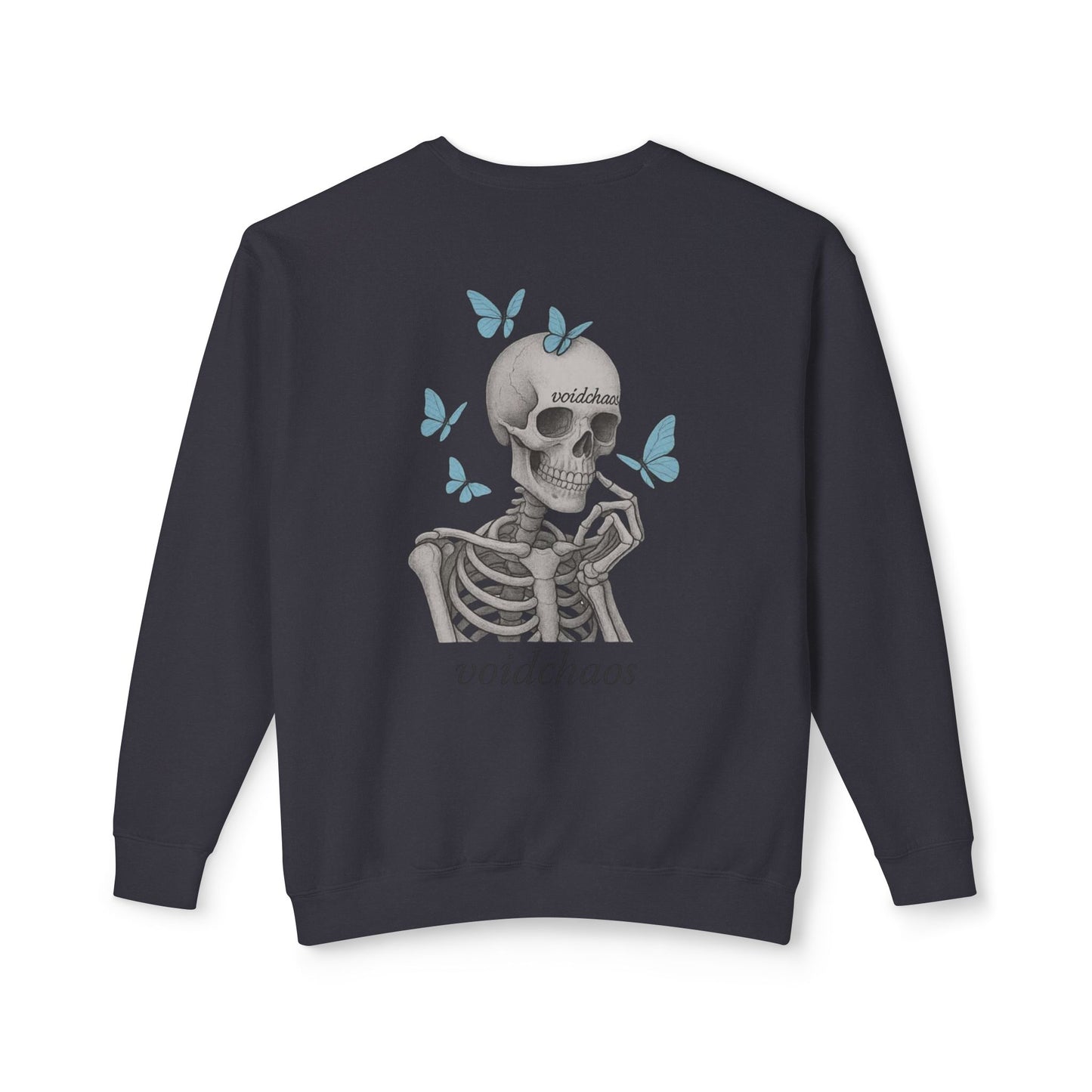 Unisex Crewneck Sweatshirt with Skeleton and Butterflies Design, Casual Wear, Gift for Friends, Halloween, Fall Fashion, Cozy Outfit