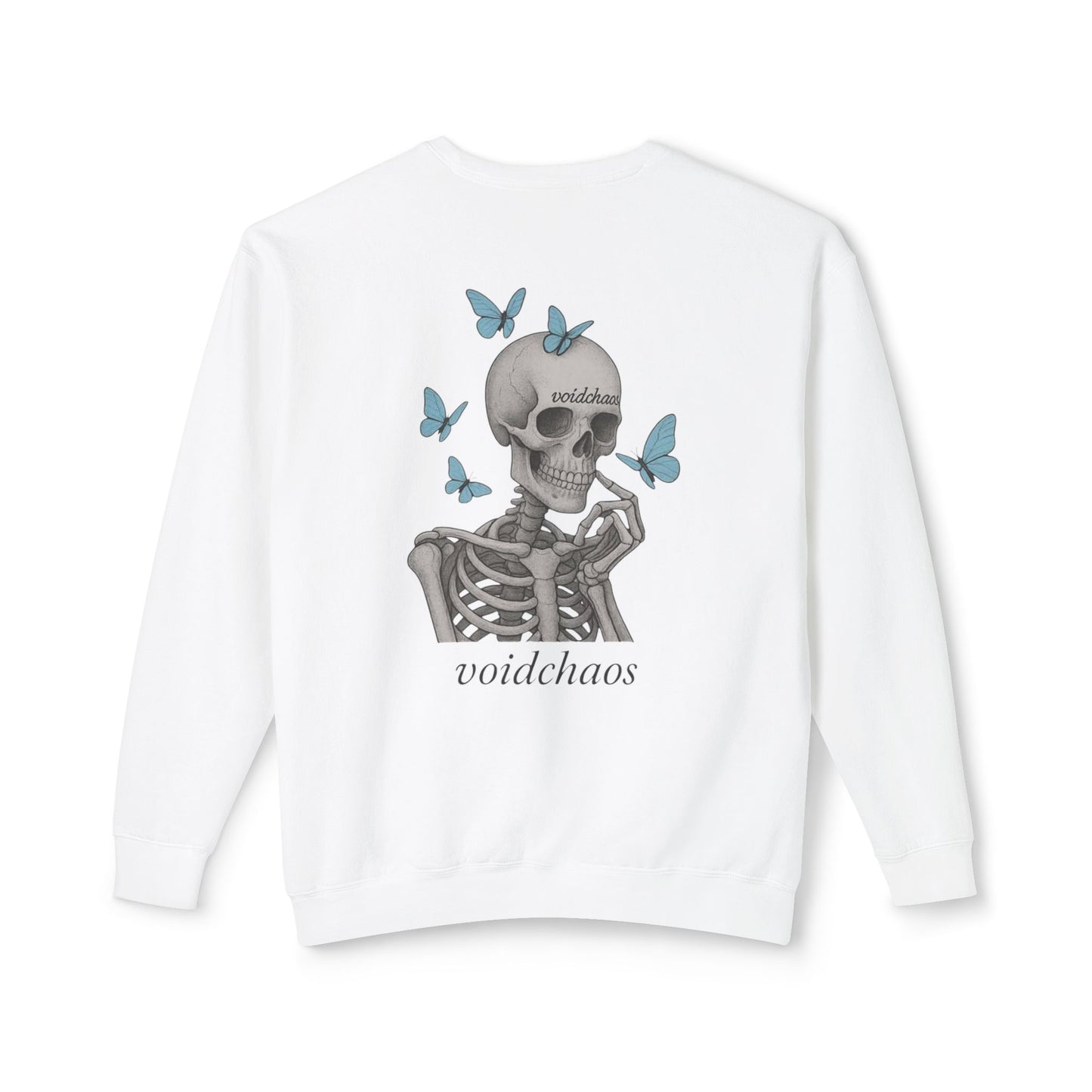 Unisex Crewneck Sweatshirt with Skeleton and Butterflies Design, Casual Wear, Gift for Friends, Halloween, Fall Fashion, Cozy Outfit