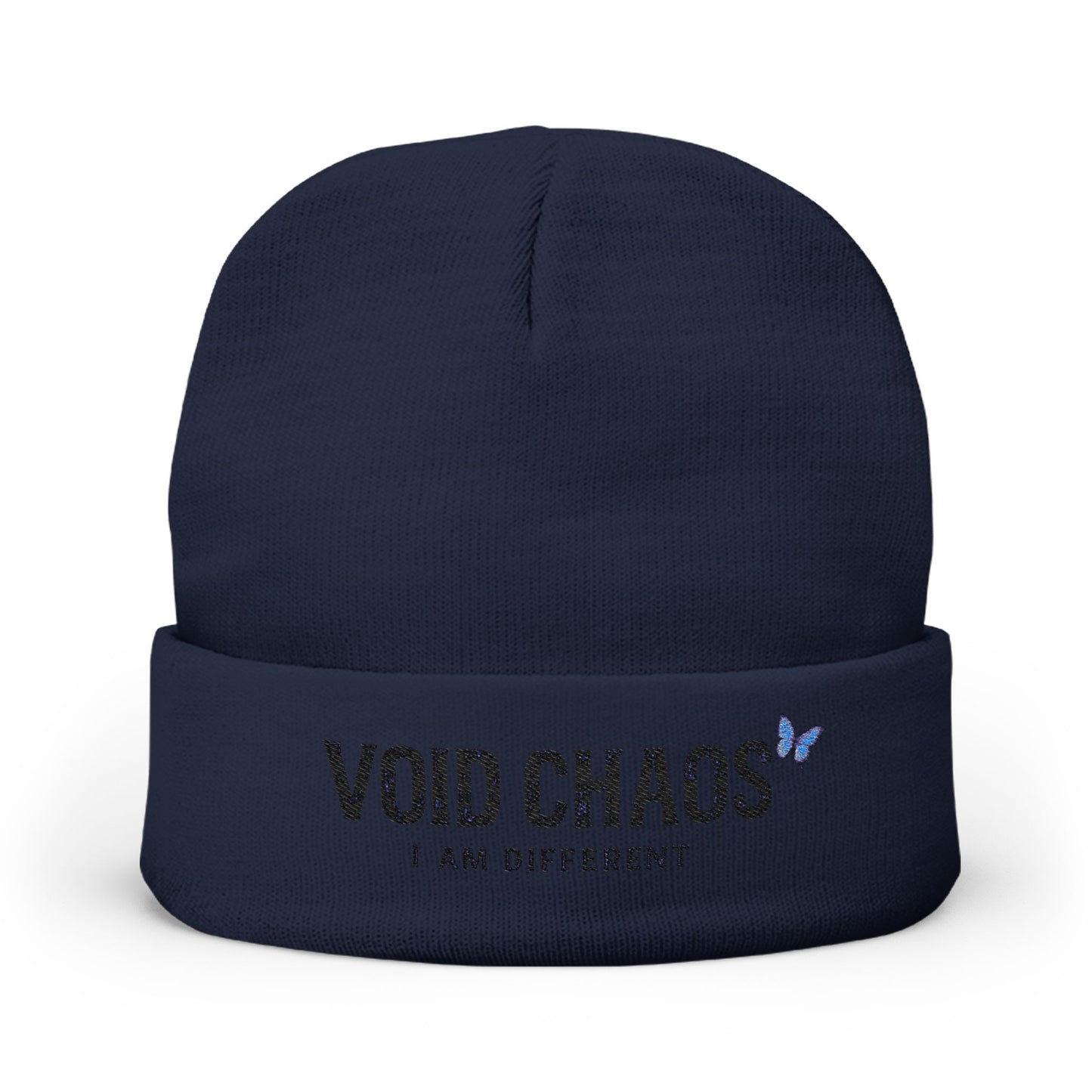 Embroidered Knit Beanie with 'Void Chaos' Text, Unique Winter Accessory, Gift for Creative Souls, Stylish Warm Headwear, Unisex Cap