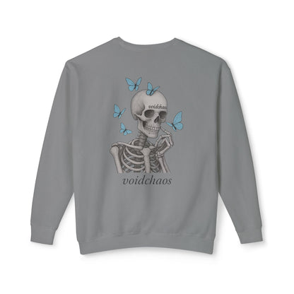 Unisex Crewneck Sweatshirt with Skeleton and Butterflies Design, Casual Wear, Gift for Friends, Halloween, Fall Fashion, Cozy Outfit