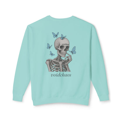 Unisex Crewneck Sweatshirt with Skeleton and Butterflies Design, Casual Wear, Gift for Friends, Halloween, Fall Fashion, Cozy Outfit