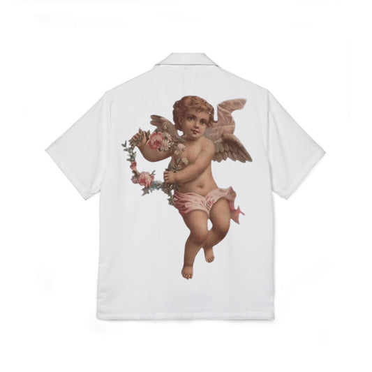Men's Hawaiian Camp Shirt with Vintage Angel Design for Summer Vibes, Beachwear, Vacation Wear, Casual Fridays, Unique Gift