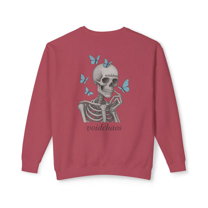 Unisex Crewneck Sweatshirt with Skeleton and Butterflies Design, Casual Wear, Gift for Friends, Halloween, Fall Fashion, Cozy Outfit