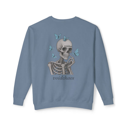 Unisex Crewneck Sweatshirt with Skeleton and Butterflies Design, Casual Wear, Gift for Friends, Halloween, Fall Fashion, Cozy Outfit