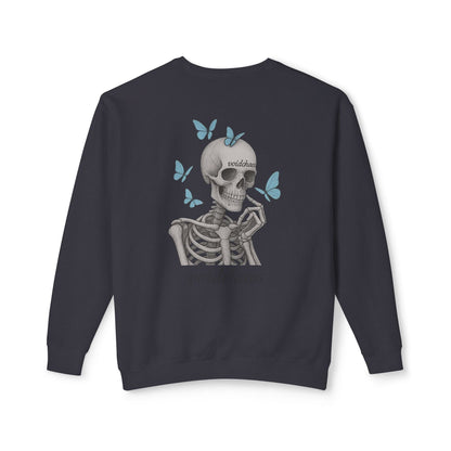 Unisex Crewneck Sweatshirt with Skeleton and Butterflies Design, Casual Wear, Gift for Friends, Halloween, Fall Fashion, Cozy Outfit