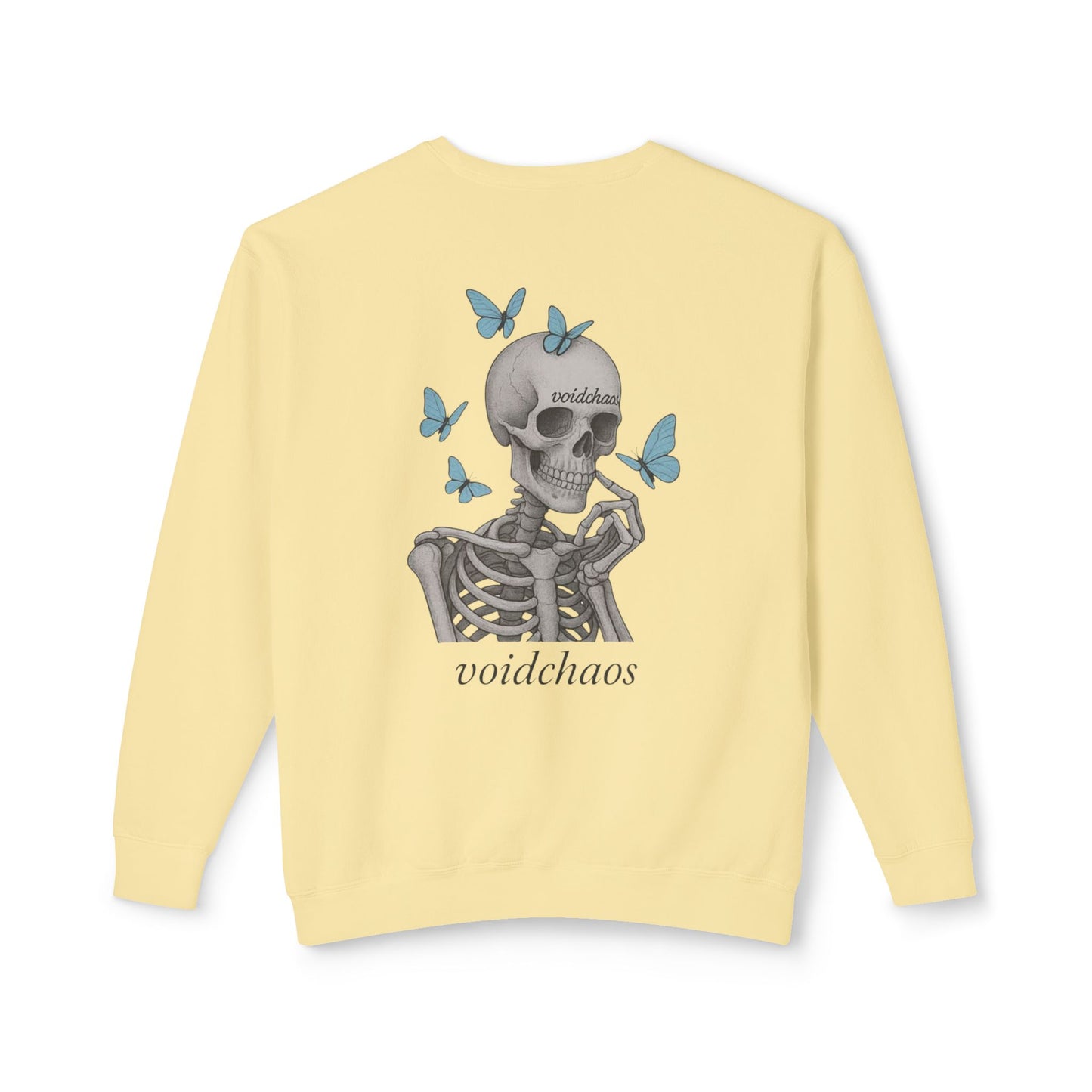 Unisex Crewneck Sweatshirt with Skeleton and Butterflies Design, Casual Wear, Gift for Friends, Halloween, Fall Fashion, Cozy Outfit