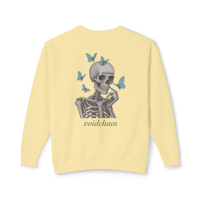 Unisex Crewneck Sweatshirt with Skeleton and Butterflies Design, Casual Wear, Gift for Friends, Halloween, Fall Fashion, Cozy Outfit