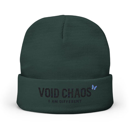 Embroidered Knit Beanie with 'Void Chaos' Text, Unique Winter Accessory, Gift for Creative Souls, Stylish Warm Headwear, Unisex Cap